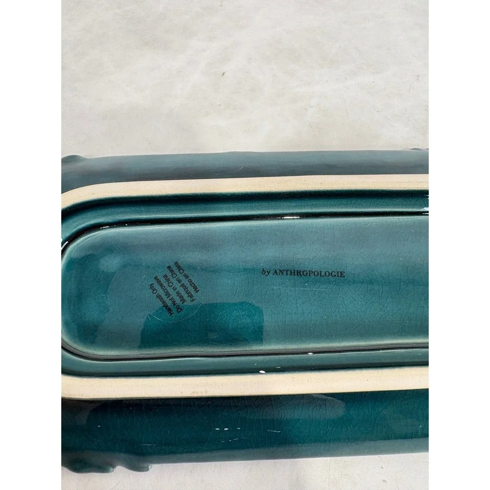 Anthropologie Teal‎ Ceramic Butter Dish with Lid Floral Scrollwork Detail